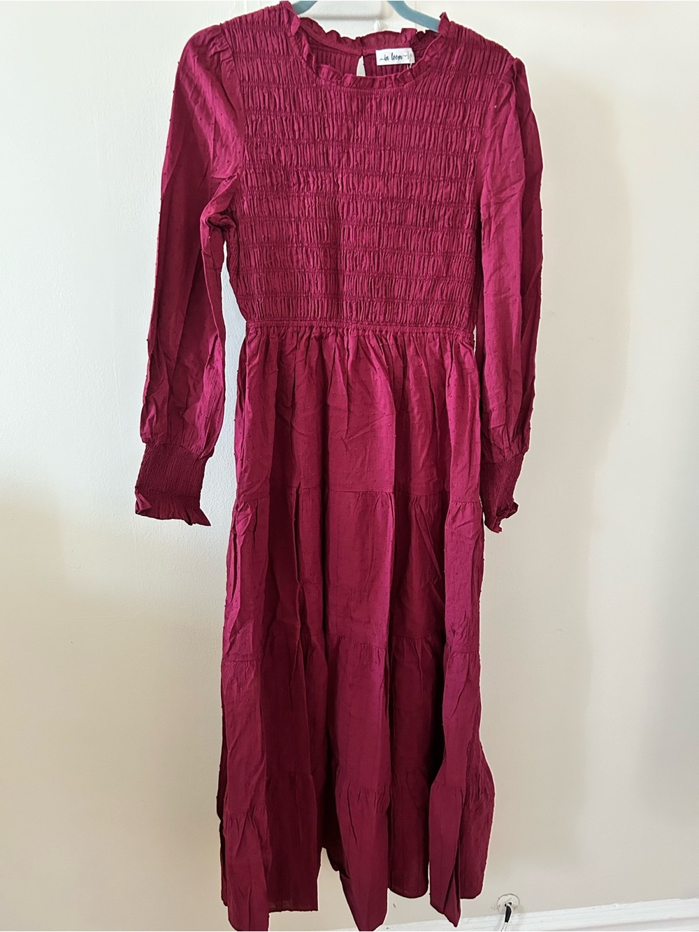 NWT PinkBlush (In Bloom) Burgundy Smocked Long Sleeve Maxi Maternity dress (L)